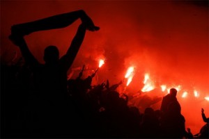 Real Madrid supporters celebrate the Spanish League title at the Santiago Bernabeu stadium in Madrid, Sunday, May 18, 2008. (AP Photo/Bernat Armangue)